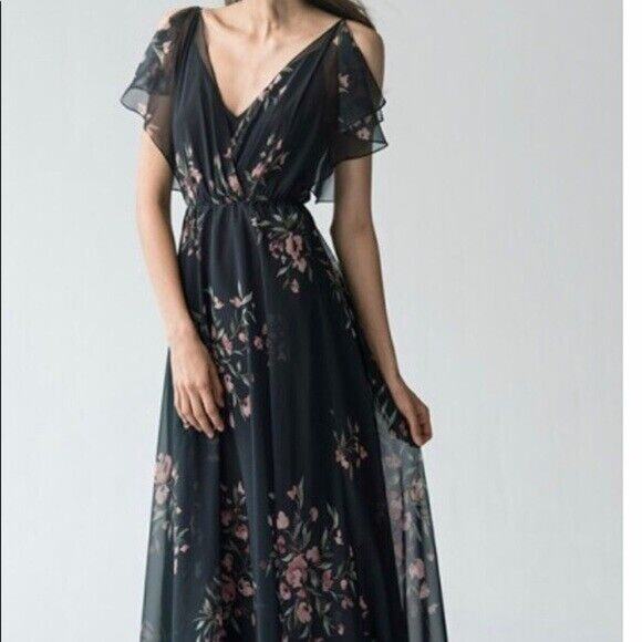 Jenny Yoo Collection Cassie Flutter Sleeve Maxi Dress Gown Black size 10 NWT - Picture 1 of 12